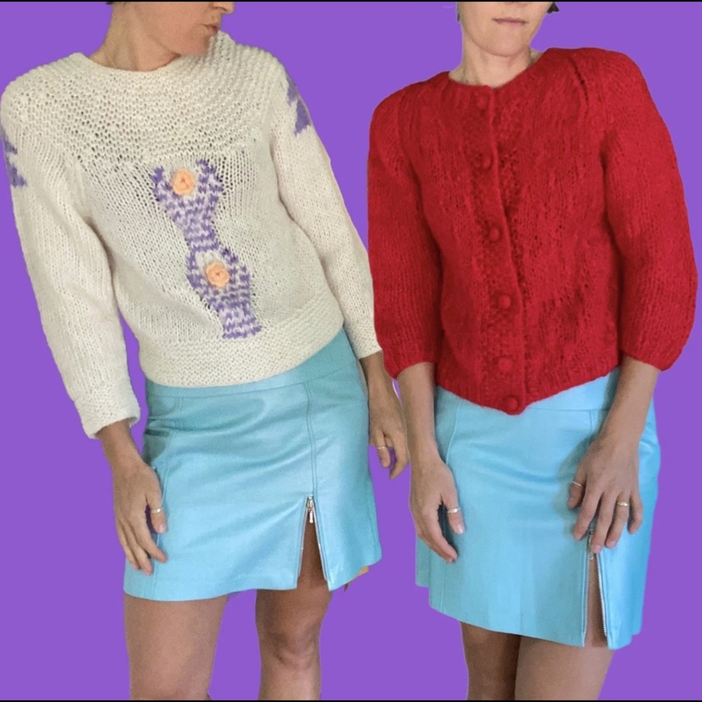 Vintage 60s/70s Bundle Set 2 Handknit Sweaters Red Ivory Retro Boho Bamberger'S